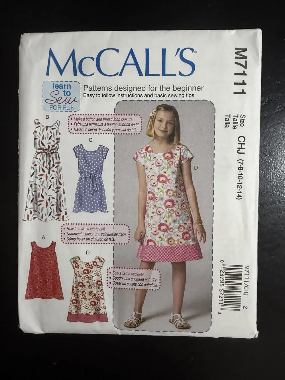 McCall's M7111 LEARN TO SEW Series Girls' Dresses & Belt Sz 7-14 UNCUT Pattern